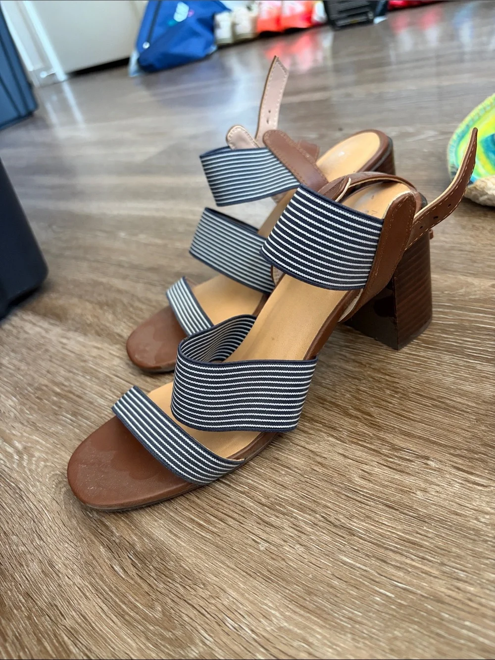 Striped Navy and Brown Block Heel Sandals - Women